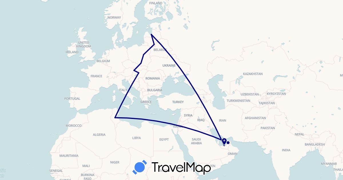 TravelMap itinerary: driving in United Arab Emirates, Hungary, Lithuania, Latvia, Poland, Slovakia, Tunisia (Africa, Asia, Europe)